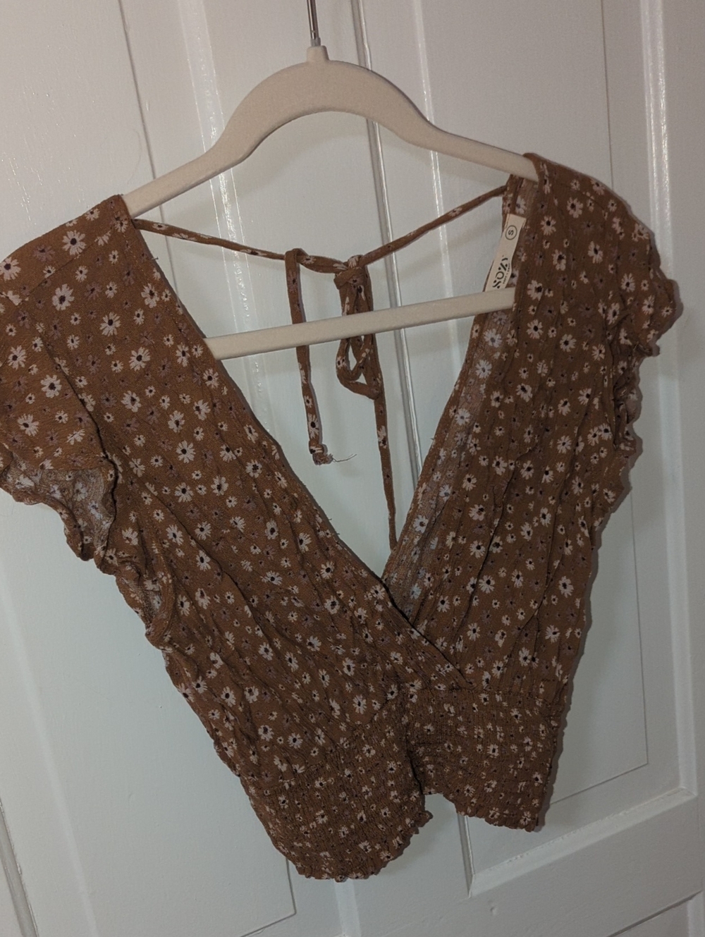 Sozy Brown Floral Wrap Blouse with Ruffle Sleeves